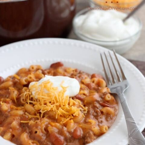 This Chili Mac and Cheese is made from scratch in 30 minutes for a warm, comforting meal! From DessertNowDinnerLater.com