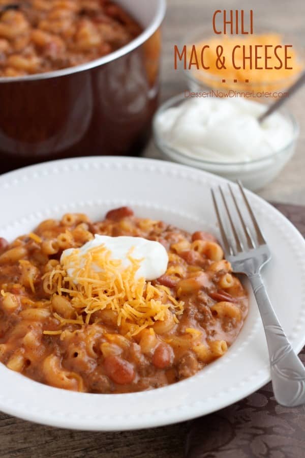 This Chili Mac and Cheese is made from scratch in 30 minutes for a warm, comforting meal! From DessertNowDinnerLater.com