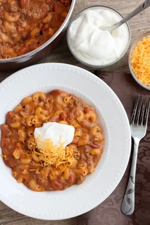 This Chili Mac and Cheese is made from scratch in 30 minutes for a warm, comforting meal! From DessertNowDinnerLater.com