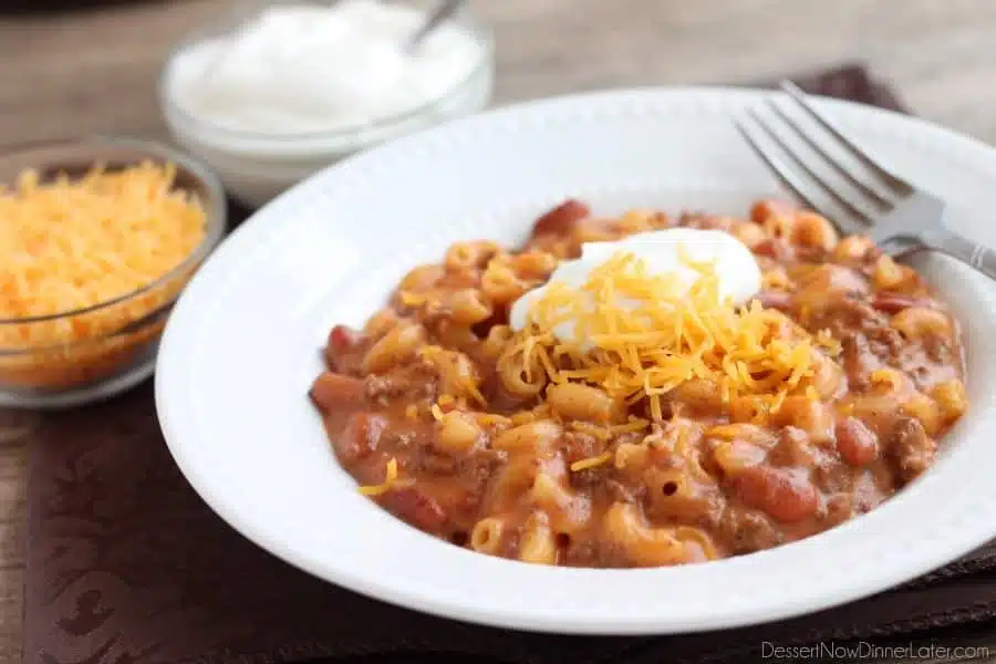 This Chili Mac and Cheese is made from scratch in 30 minutes for a warm, comforting meal! From DessertNowDinnerLater.com