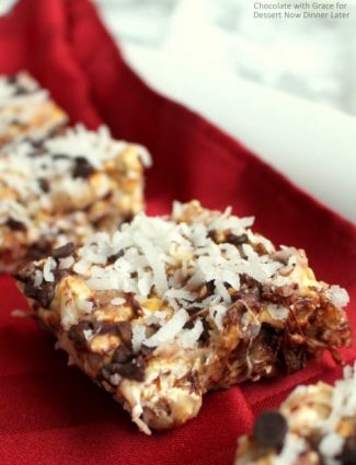 Chocolate Coconut Caramel Popcorn Bars. A quick, easy Christmas treat!