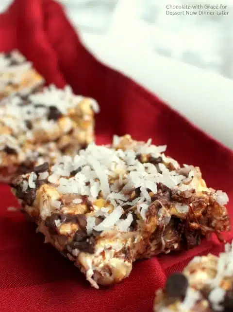 Chocolate Coconut Caramel Popcorn Bars. A quick, easy Christmas treat!