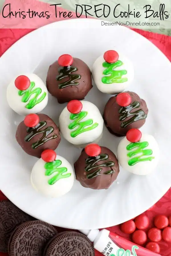 These traditionally made OREO Cookie Balls are decorated with green gel and a red candy coated chocolate piece for a festive Christmas Tree treat! From DessertNowDinnerLater.com