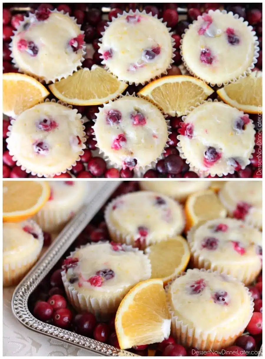 Homemade Cranberry Orange Muffins with plump, fresh cranberries, orange juice and zest, topped with an orange glaze! From DessertNowDinnerLater.com