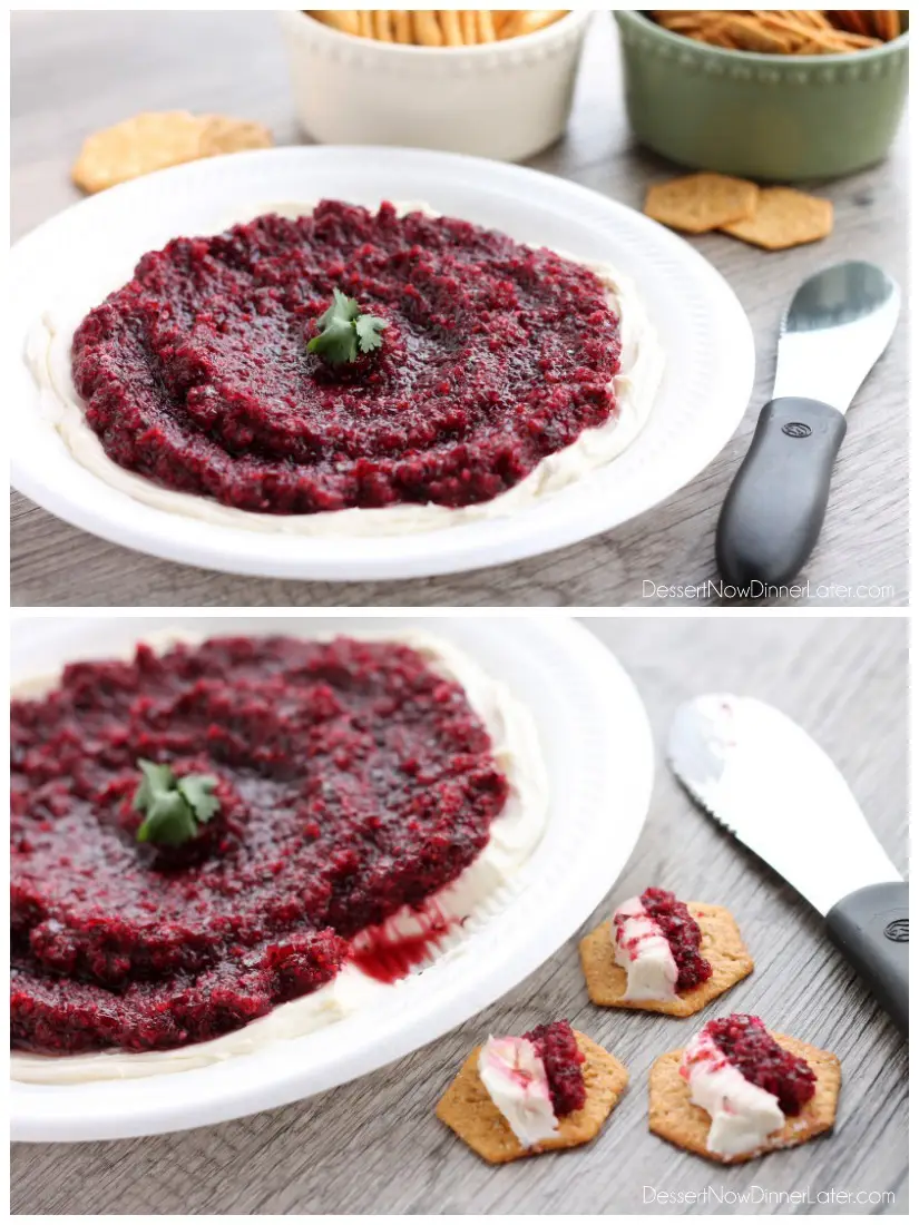 This fresh Cranberry Salsa is pureed and served over cream cheese for a spicy-sweet appetizer. From DessertNowDinnerLater.com