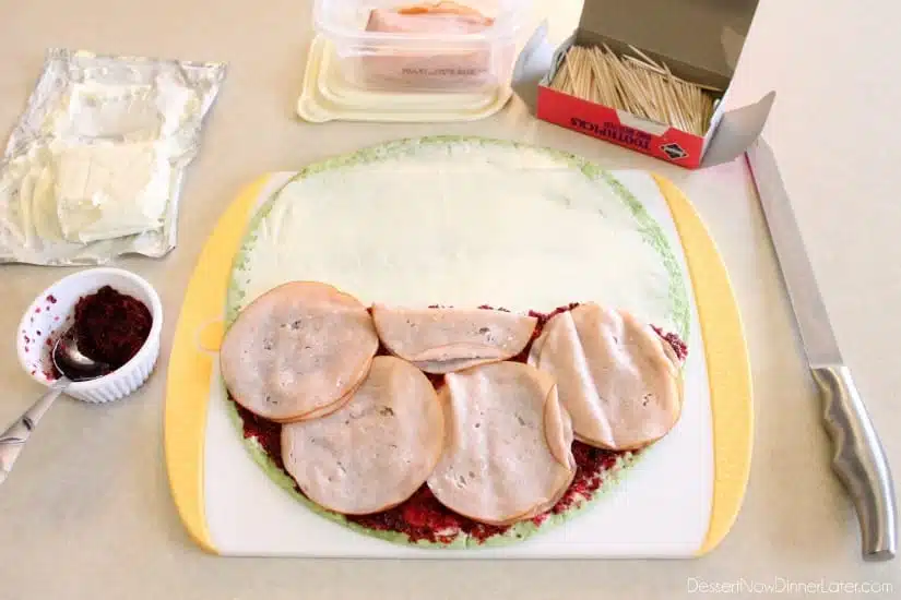 Cranberry Turkey Pinwheels - Layer 3 - Turkey. From DessertNowDinnerLater.com