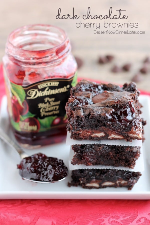 Dark Chocolate Cherry Brownies are made from a doctored box mix that has cherry filled morsels and cherry preserves swirled throughout. From DessertNowDinnerLater.com