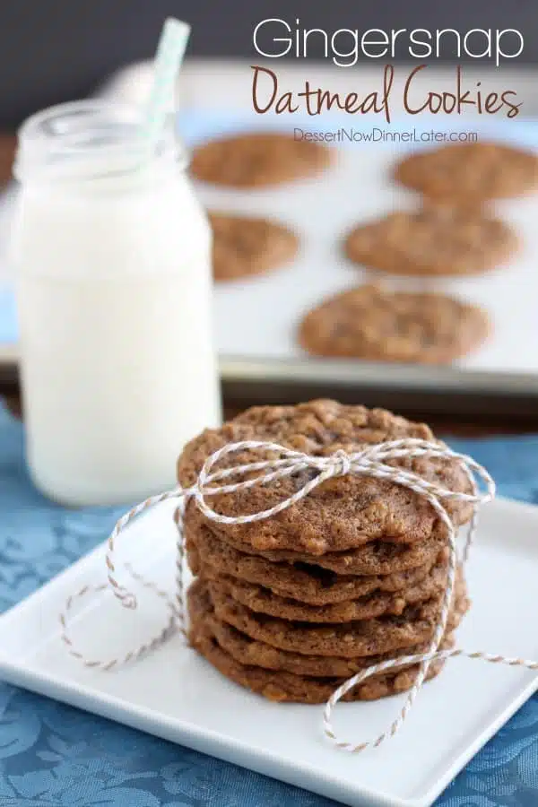 Gingersnap Oatmeal Cookies - Soft baked gingersnap cookies with the addition of old fashioned oats to make a chewy, delectable cookie! From DessertNowDinnerLater.com