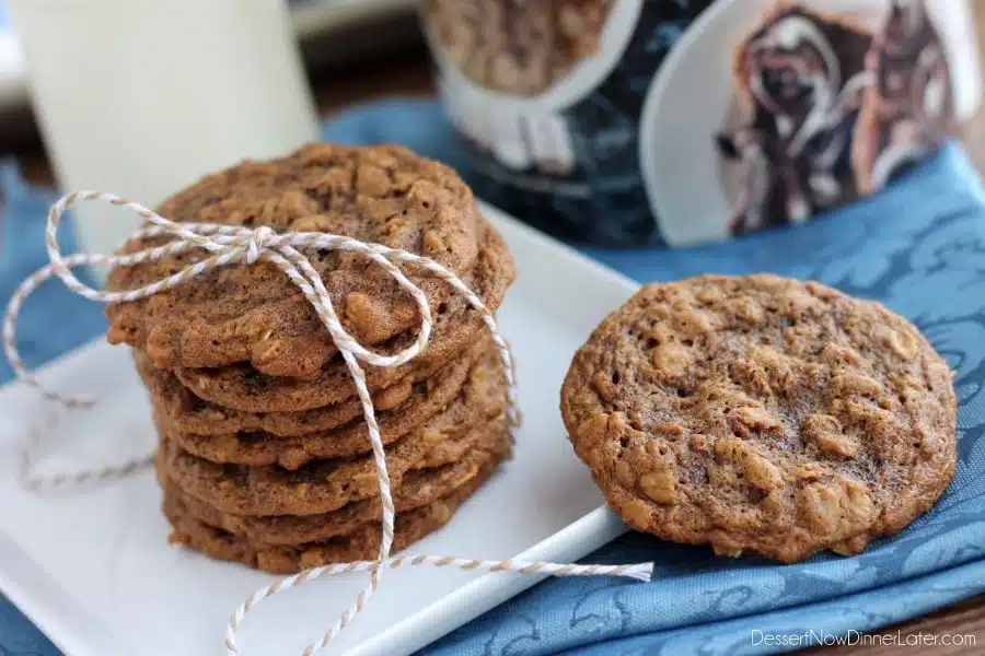 Gingersnap Oatmeal Cookies - Soft baked gingersnap cookies with the addition of old fashioned oats to make a chewy, delectable cookie! From DessertNowDinnerLater.com