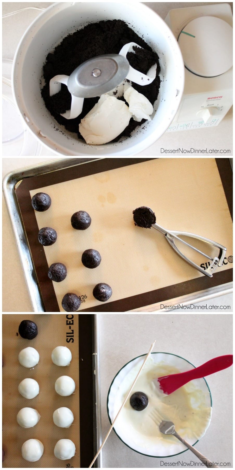 OREO Cookie Balls - only 3 ingredients! Crushed OREOS, cream cheese, and melted chocolate!