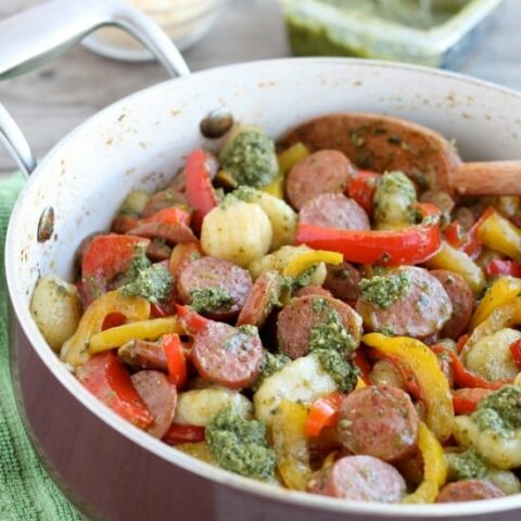 Pesto Gnocchi with Sausage and Peppers from DessertNowDinnerLater.com