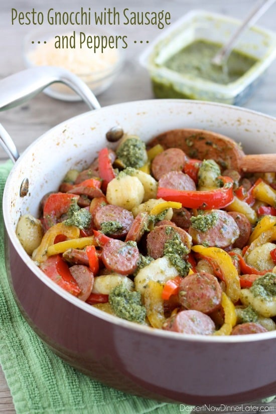 Pesto Gnocchi with Sausage and Peppers from DessertNowDinnerLater.com