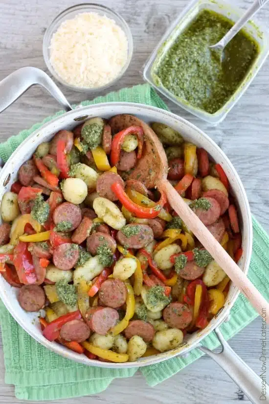  Pesto Gnocchi with Sausage and Peppers from DessertNowDinnerLater.com