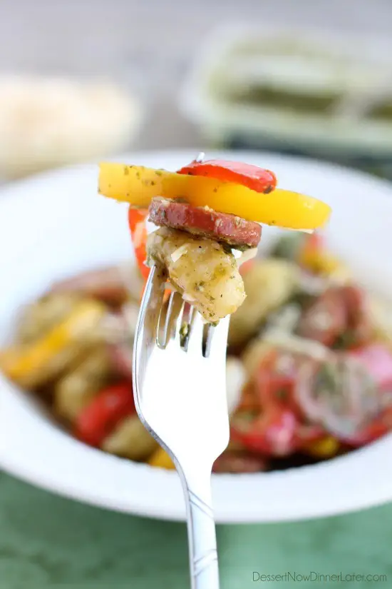  Pesto Gnocchi with Sausage and Peppers from DessertNowDinnerLater.com