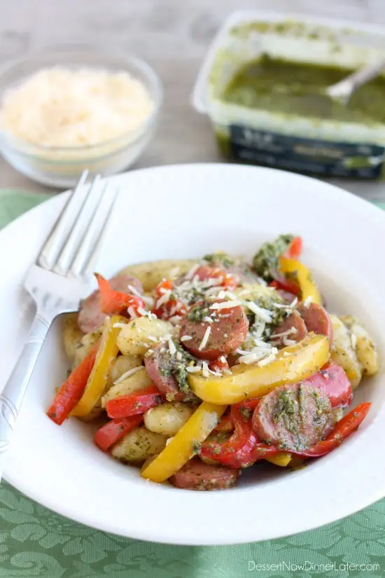  Pesto Gnocchi with Sausage and Peppers from DessertNowDinnerLater.com