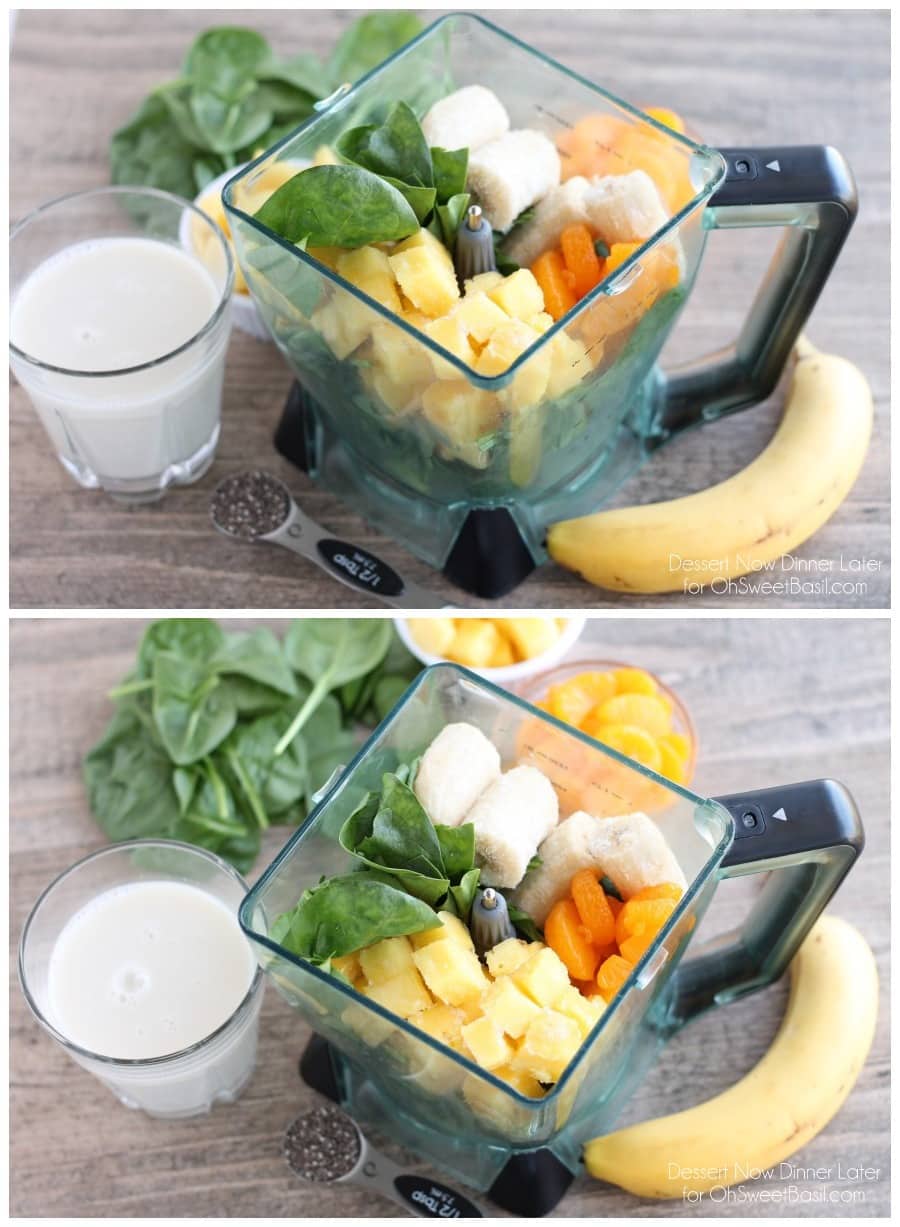This Pineapple Orange Banana Green Smoothie is fruity and refreshing with chia seeds and spinach to add fiber and protein for additional nutrition! From DessertNowDinnerLater.com