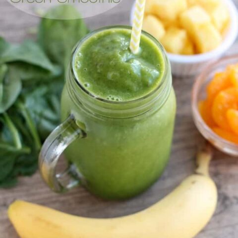 This Pineapple Orange Banana Green Smoothie is fruity and refreshing with chia seeds and spinach to add fiber and protein for additional nutrition! From DessertNowDinnerLater.com