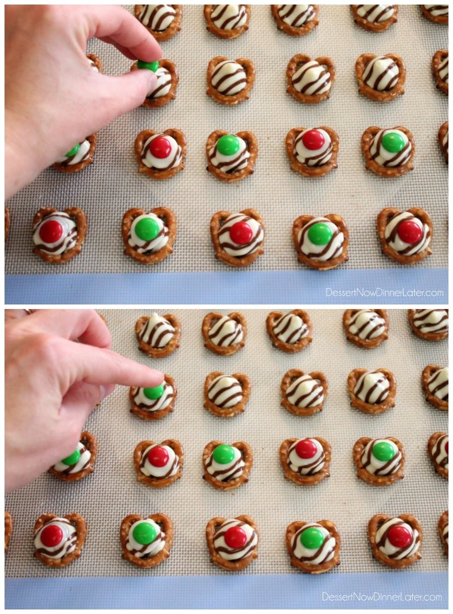 These festive Christmas Pretzel Hugs are melted just enough to press an M&M on the top.  Let the chocolate set back up and then package them for neighbor gifts, or place them on a plate for the perfect salty-sweet treat! From DessertNowDinnerLater.com