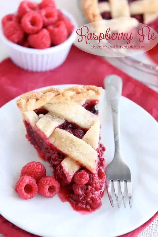 This Raspberry Pie can be made with frozen or fresh raspberries for a vibrant and delicious fruit pie! From DessertNowDinnerLater.com