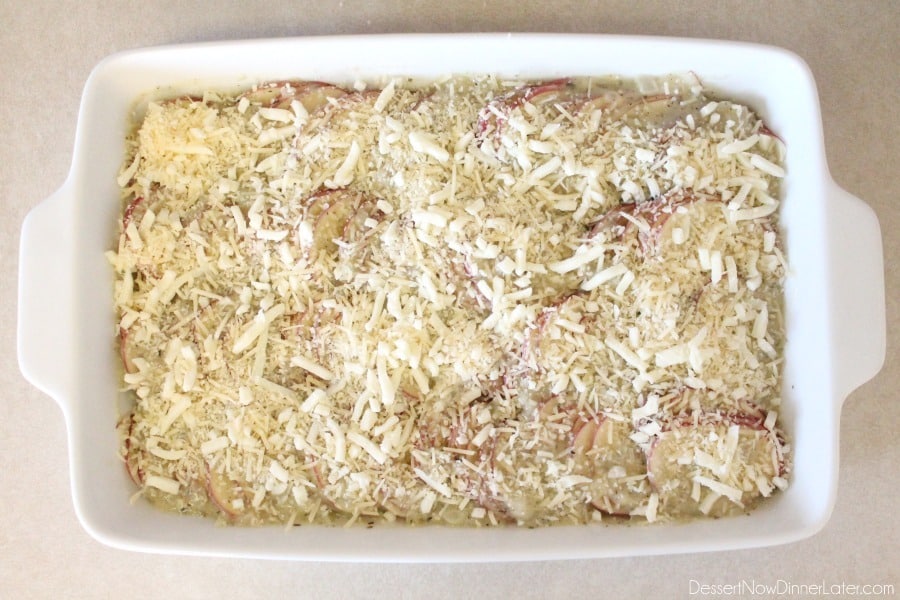 Tuscan Scalloped Potatoes - sprinkle with Parmesan and Mozarella cheeses.
