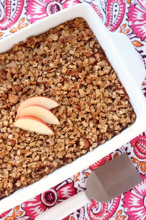 Apple Cinnamon Baked Oatmeal - old fashioned oats, agave, and apples are just a few of the delicious ingredients used in this lighter baked oatmeal. From DessertNowDinnerLater.com