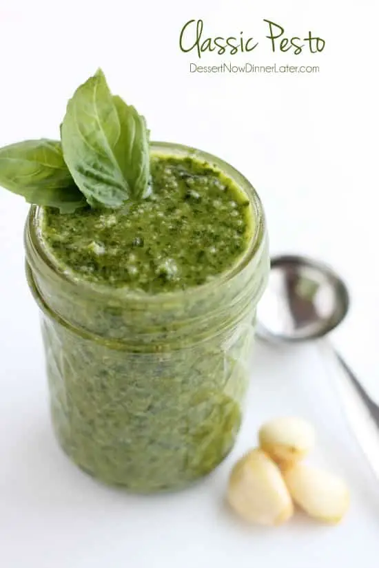 Fresh basil, toasted pine nuts, shredded parmesan cheese, fresh garlic cloves, pure olive oil, and sea salt come together to create this Classic Pesto that can be used on pasta, sandwiches, or in soups!