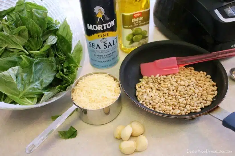 Fresh basil, toasted pine nuts, shredded parmesan cheese, fresh garlic cloves, pure olive oil, and sea salt come together to create this Classic Pesto that can be used on pasta, sandwiches, or in soups!