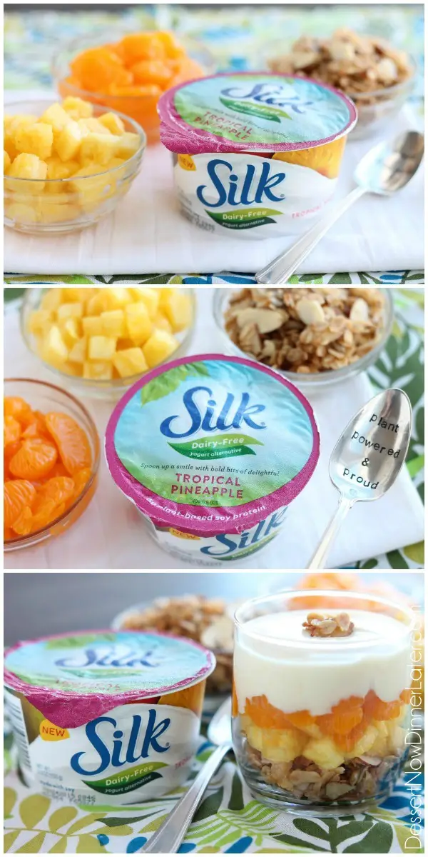 Enjoy this Dairy-Free Tropical Parfait with a homemade honey almond coconut granola base, layers of pineapple and mandarin oranges, all topped with a creamy-textured, smooth Dairy-Free Yogurt Alternative from Silk!