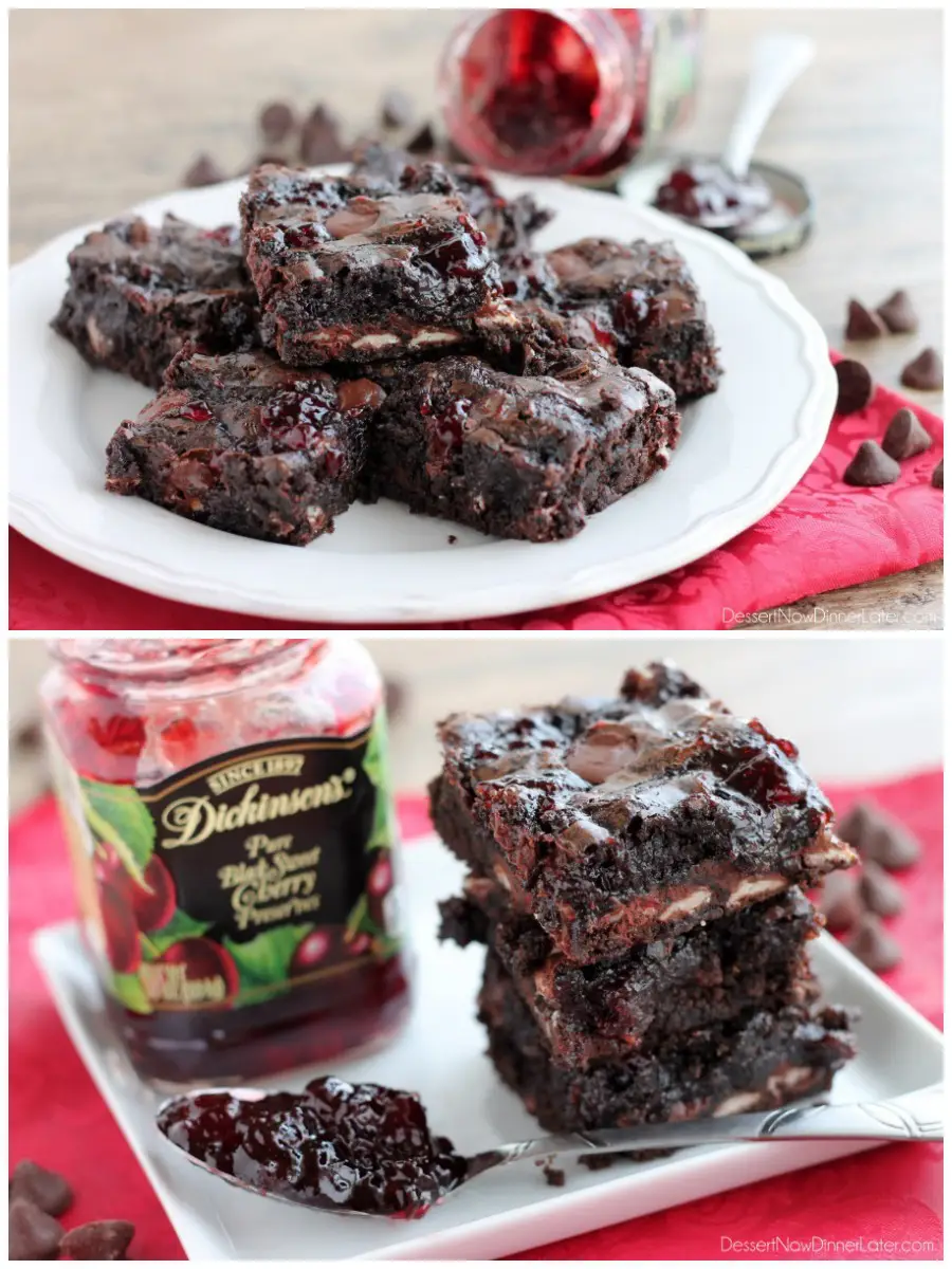 Dark Chocolate Cherry Brownies are made from a doctored box mix that has cherry filled morsels and cherry preserves swirled throughout. From DessertNowDinnerLater.com
