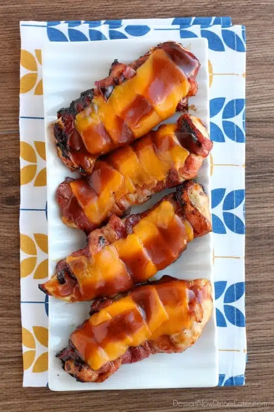 This Barbecue Chicken with Bacon and Cheddar is an easy and delicious 4-ingredient dinner that will have you firing up the grill up any time of the year!