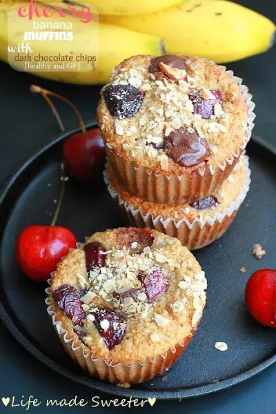 Cherry Banana Muffins with Dark Chocolate Chips {Healthy and GF} by Life Made Sweeter