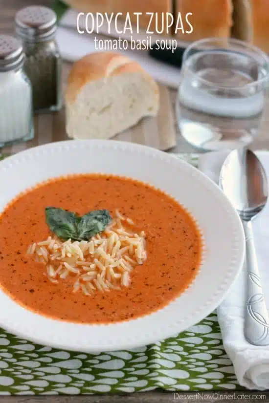 This Copycat Zupas Tomato Basil Soup is spot on! With fresh made basil pesto, whole tomatoes, and sauteed vegetables, cooked slow, and pureed smooth. This is one soup you’ll love to create at home served with al dente orzo pasta!