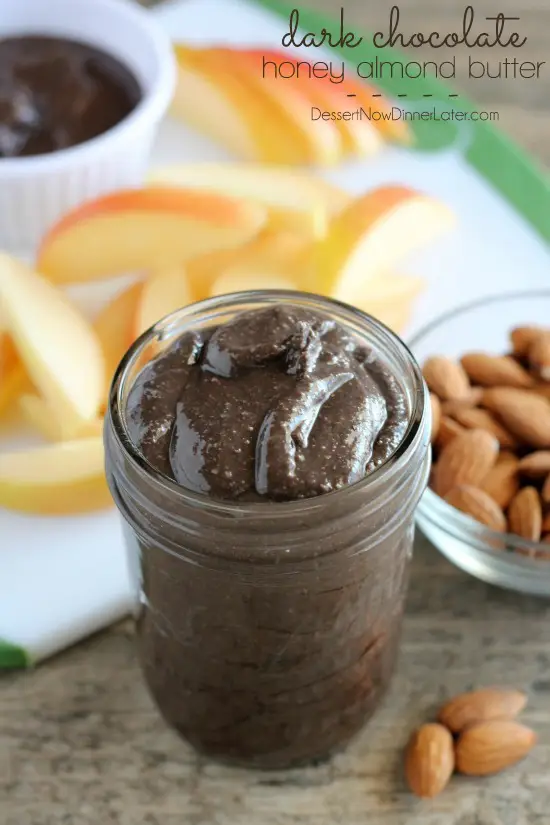 This Dark Chocolate Honey Almond Butter is made with pure ingredients for a healthy homemade spread great on toast, as a dip for apples and bananas, or eaten straight from the spoon! (Bonus! It's Gluten Free, Paleo, and can easily be turned into Vegan.)