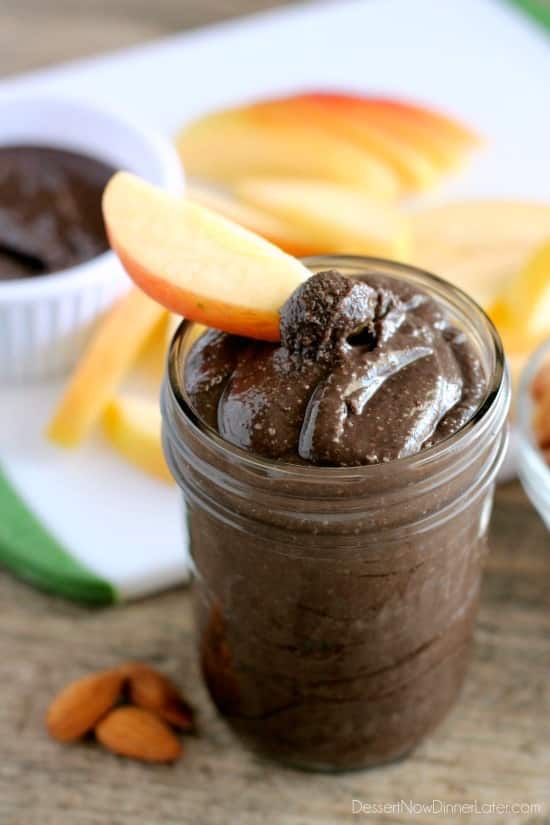 This Dark Chocolate Honey Almond Butter is made with pure ingredients for a healthy homemade spread great on toast, as a dip for apples and bananas, or eaten straight from the spoon! (Bonus! It's Gluten Free, Paleo, and can easily be turned into Vegan.)