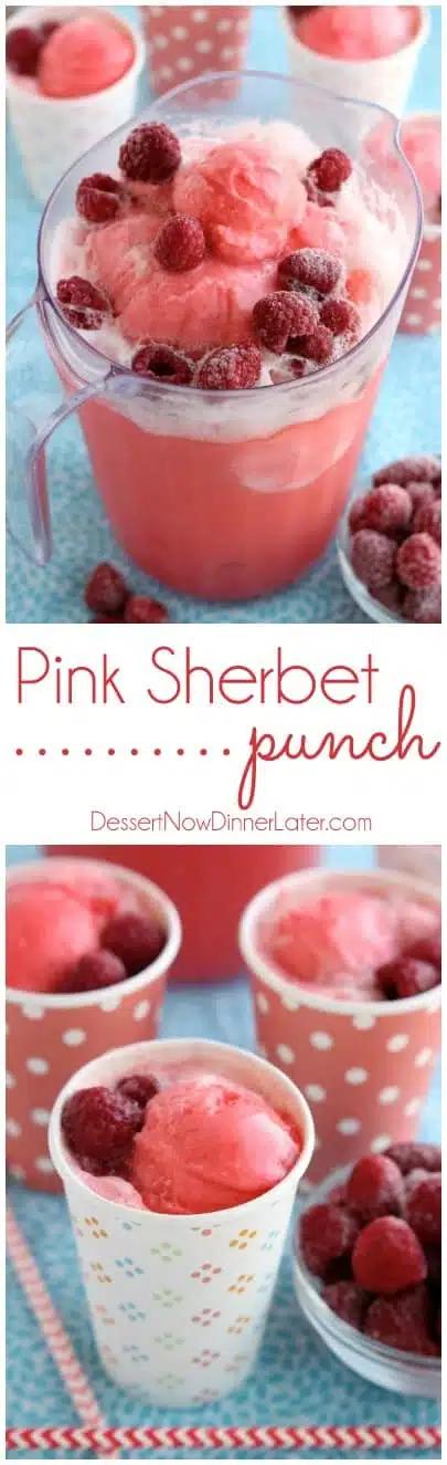 This Pink Sherbet Punch is only 2 ingredients for a fizzy, frothy drink! Add frozen fruit for a garnish and you've got a party punch great for baby showers, Valentine's Day, or summer gatherings!