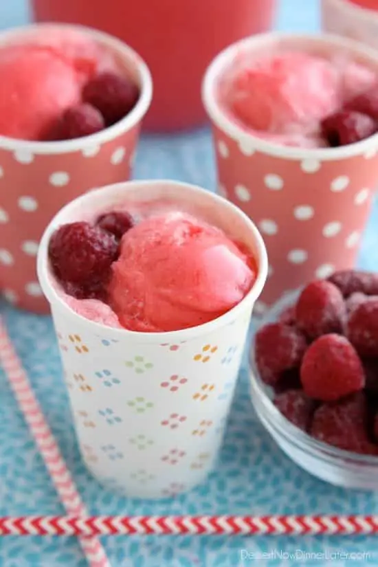 This Pink Sherbet Punch is only 2 ingredients for a fizzy, frothy drink! Add frozen fruit for a garnish and you've got a party punch great for baby showers, Valentine's Day, or summer gatherings!