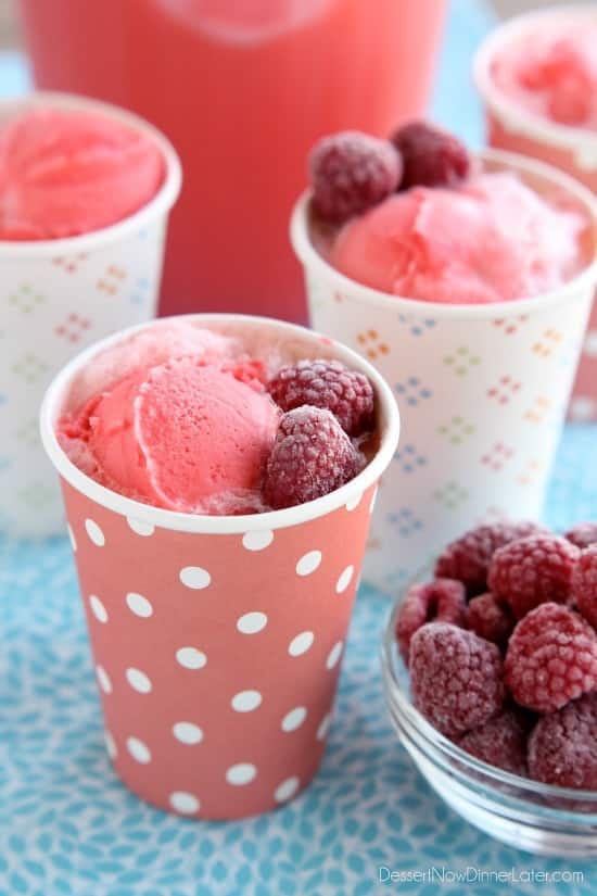 This Pink Sherbet Punch is only 2 ingredients for a fizzy, frothy drink! Add frozen fruit for a garnish and you've got a party punch great for baby showers, Valentine's Day, or summer gatherings!