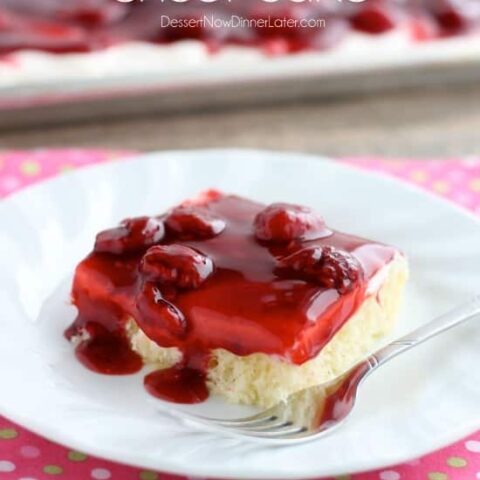 This EASY and delicious Raspberry Shortcake Sheet Cake is layered with light, fluffy white cake, topped with whipped cream cheese frosting and a fresh raspberry glaze! Perfect for parties, potlucks, or a Valentine's Day dessert!