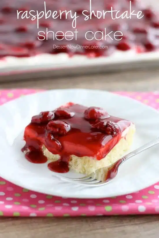 This EASY and delicious Raspberry Shortcake Sheet Cake is layered with light, fluffy white cake, topped with whipped cream cheese frosting and a fresh raspberry glaze! Perfect for parties, potlucks, or a Valentine's Day dessert!