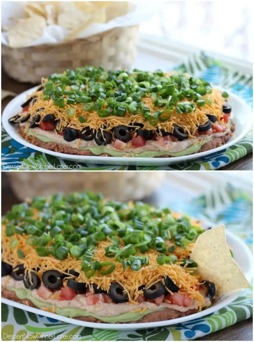 Seven Layer Dip is a classic party snack or football food. This version has a secret ingredient to make it a dip that is sure to get gobbled up by your guests!