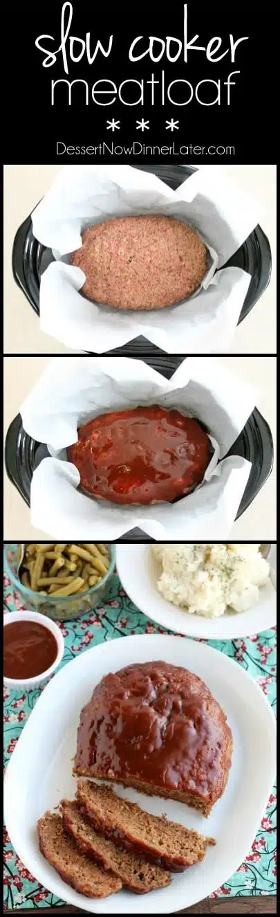 This Slow Cooker Meatloaf has a delicious savory-sweet brown sugar and balsamic glaze on top, and is cooked on a sheet of parchment paper that easily lifts the meatloaf out of the slow cooker when it's done cooking.