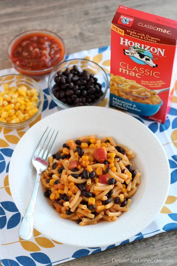 Need an easy and quick dinner idea?  Grab a box of mac and cheese and a few other pantry ingredients to create this bold Southwestern Mac and Cheese the whole family will enjoy!