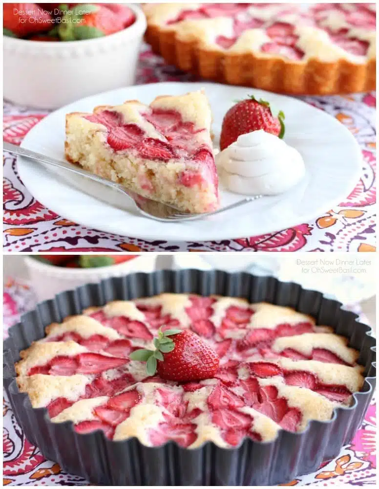 This Strawberry Cake is lightly sweet, layered with fresh sliced strawberries, and is served with a side of coconut whipped cream. A stunning and delicious dessert for any occasion or Valentine's Day.