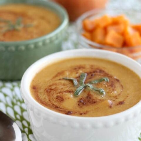 Sweet Potato Apple and Sage Soup is simple, nutritious, and heats up and blends smooth in 90 seconds with a Blendtec!