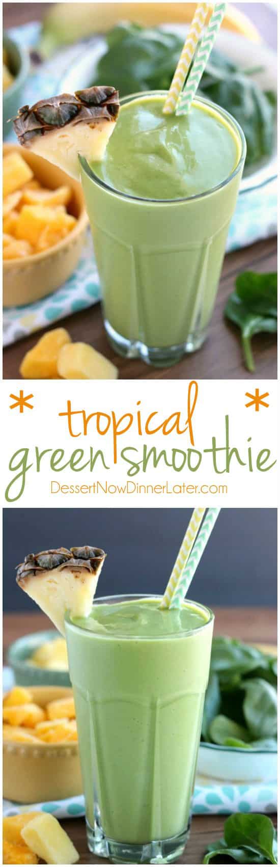 This Tropical Green Smoothie uses tender spinach leaves, plain non-fat greek yogurt, and frozen fruit for a naturally sweet smoothie that's great for breakfast or a snack!