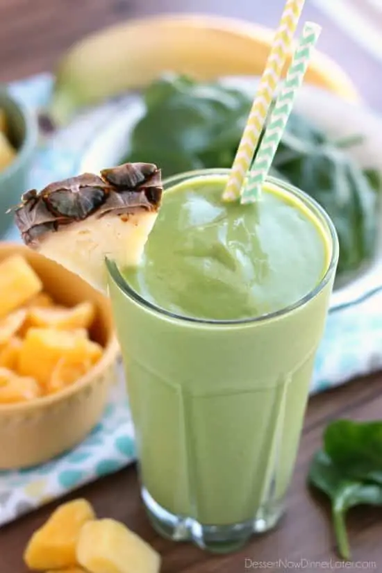 This Tropical Green Smoothie uses tender spinach leaves, plain non-fat greek yogurt, and frozen fruit for a naturally sweet smoothie that's great for breakfast or a snack! 