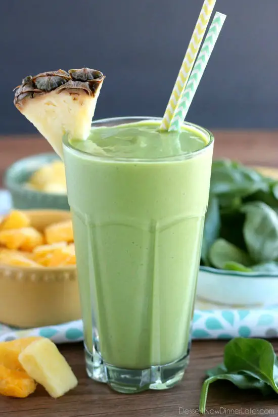 This Tropical Green Smoothie uses tender spinach leaves, plain non-fat greek yogurt, and frozen fruit for a naturally sweet smoothie that's great for breakfast or a snack! 