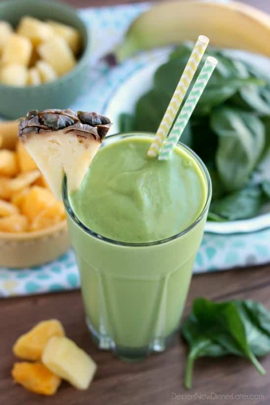 This Tropical Green Smoothie uses tender spinach leaves, plain non-fat greek yogurt, and frozen fruit for a naturally sweet smoothie that's great for breakfast or a snack!