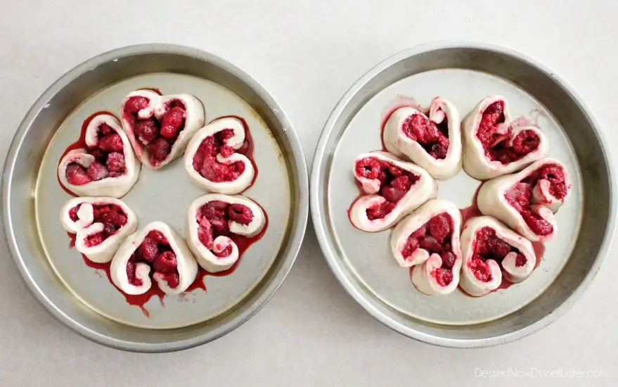 Cut heart shaped rolls in round cake pans