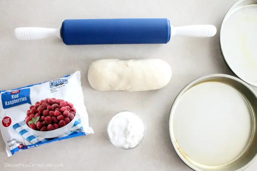 Ingredients for raspberry rolls: Rhodes bread, sugar, cornstarch, frozen raspberries.